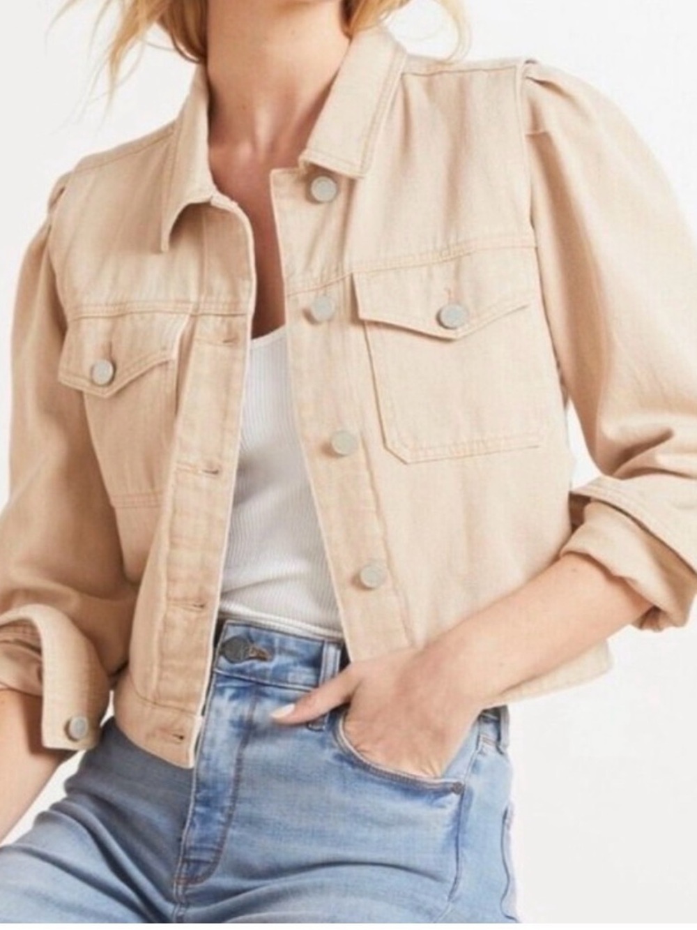 Blank NYC Light Beige Puff-Sleeve Denim Jacket